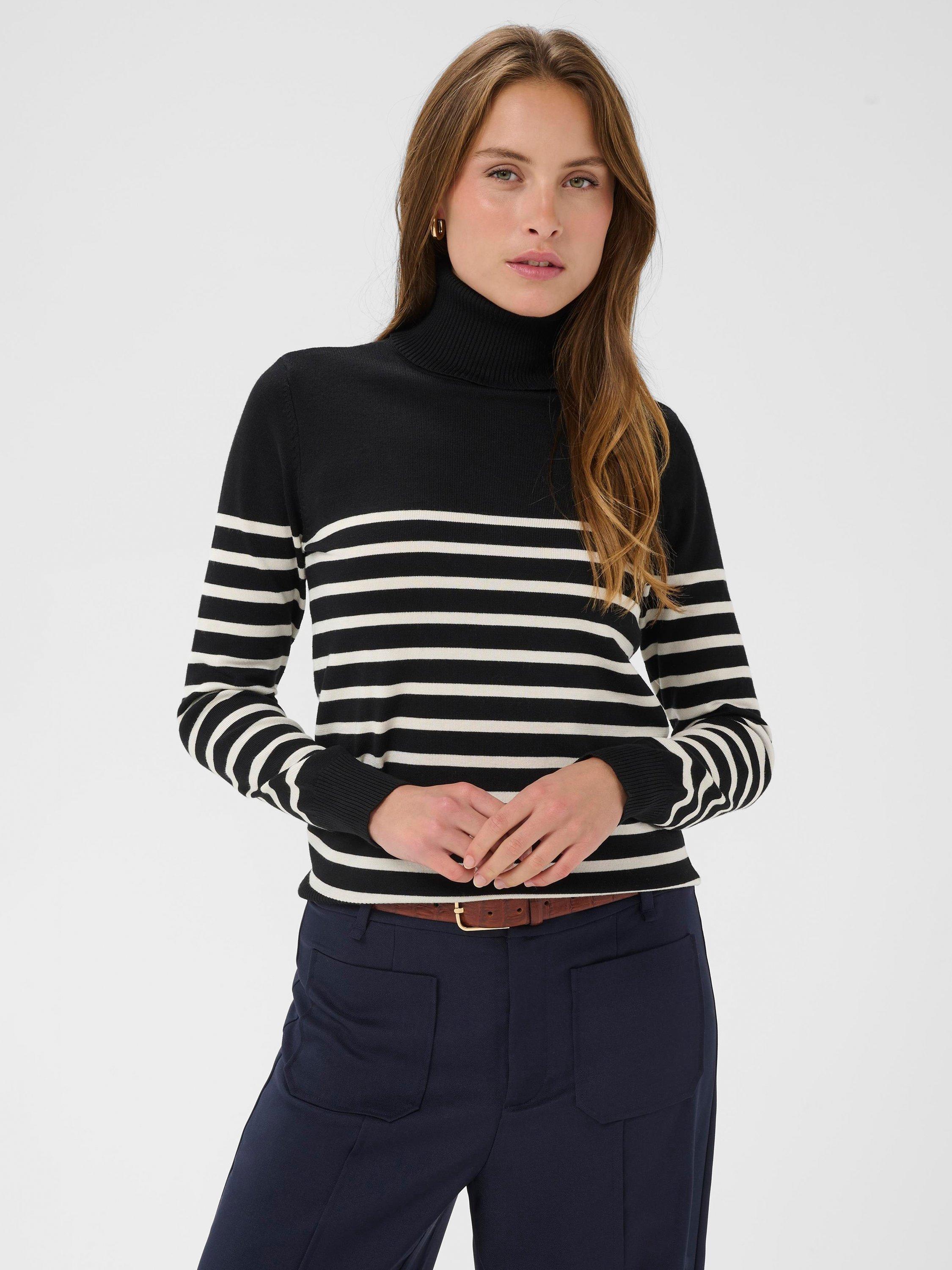 Product image 1 of 6, which shows Saint Tropez Mila Stripe Roll Neck Jumper, Black/Seed Pearl, XS