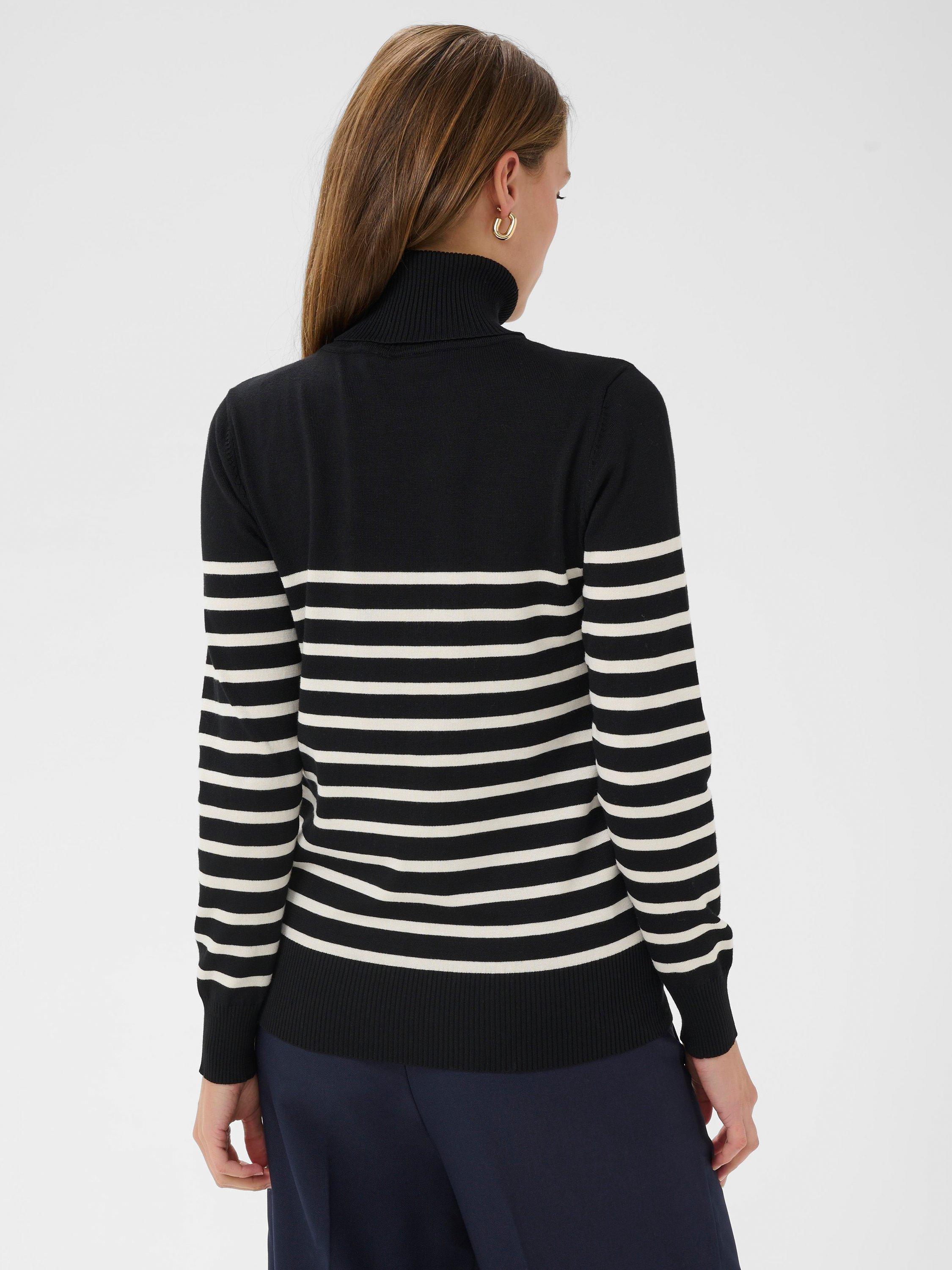 Product image 2 of 6, which shows Saint Tropez Mila Stripe Roll Neck Jumper, Black/Seed Pearl, XS