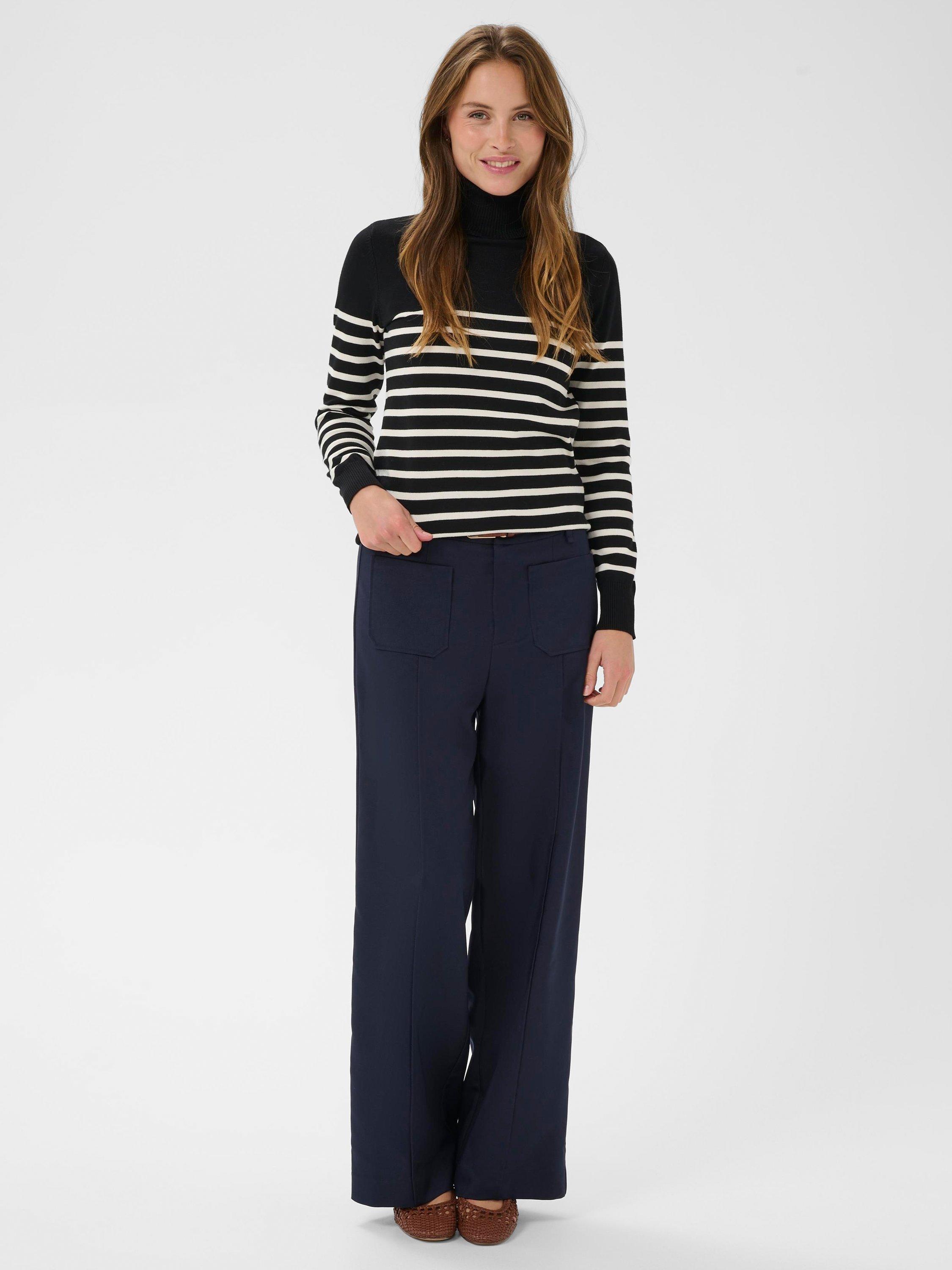 Product image 3 of 6, which shows Saint Tropez Mila Stripe Roll Neck Jumper, Black/Seed Pearl, XS