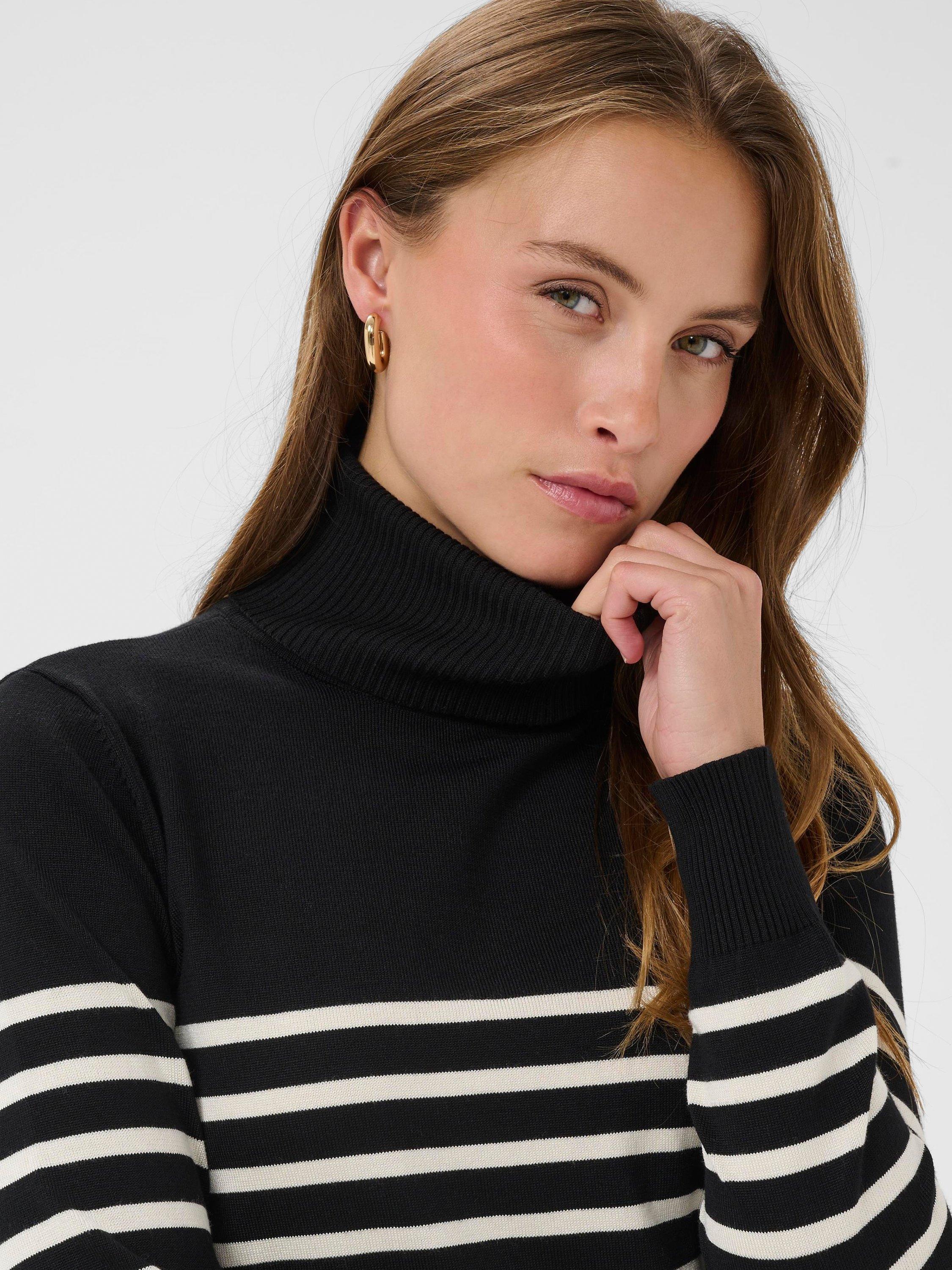 Product image 4 of 6, which shows Saint Tropez Mila Stripe Roll Neck Jumper, Black/Seed Pearl, XS