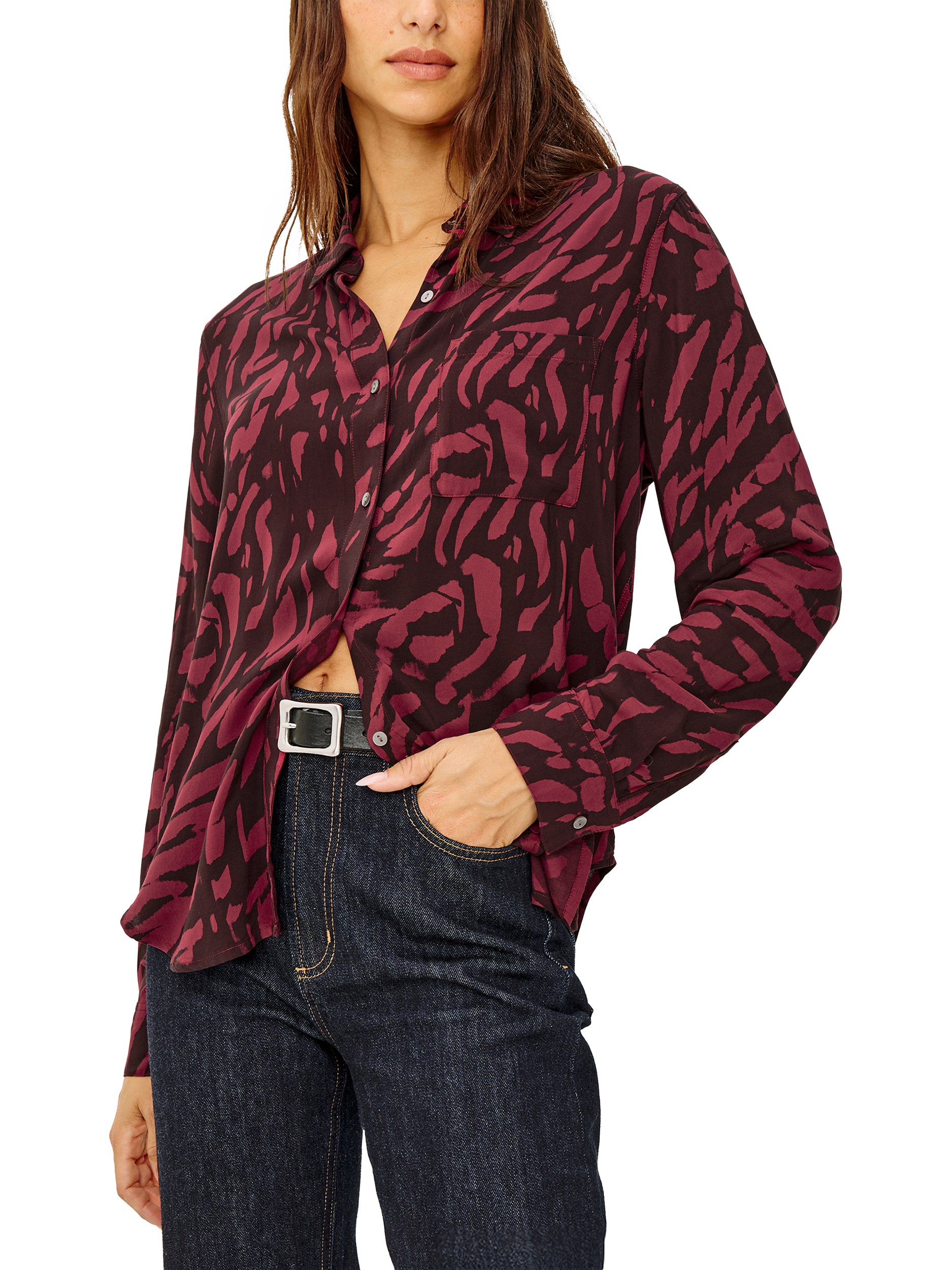 Product image 1 of 6, which shows Rails Josephine Tiger Print Shirt, Red/Black, XS