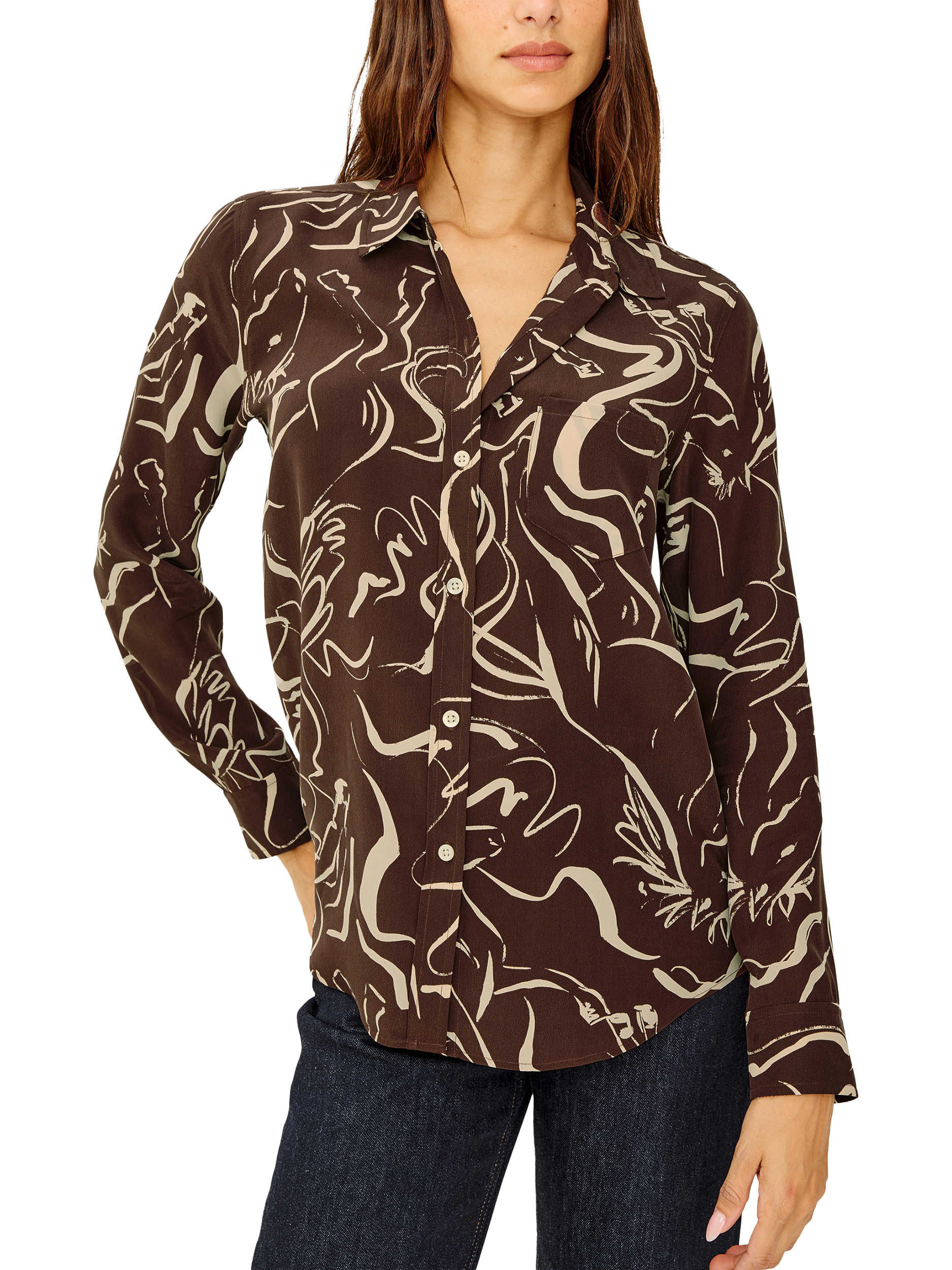 Product image 1 of 5, which shows Rails Kate Abstract Pure Silk Shirt, Brown/White, XS