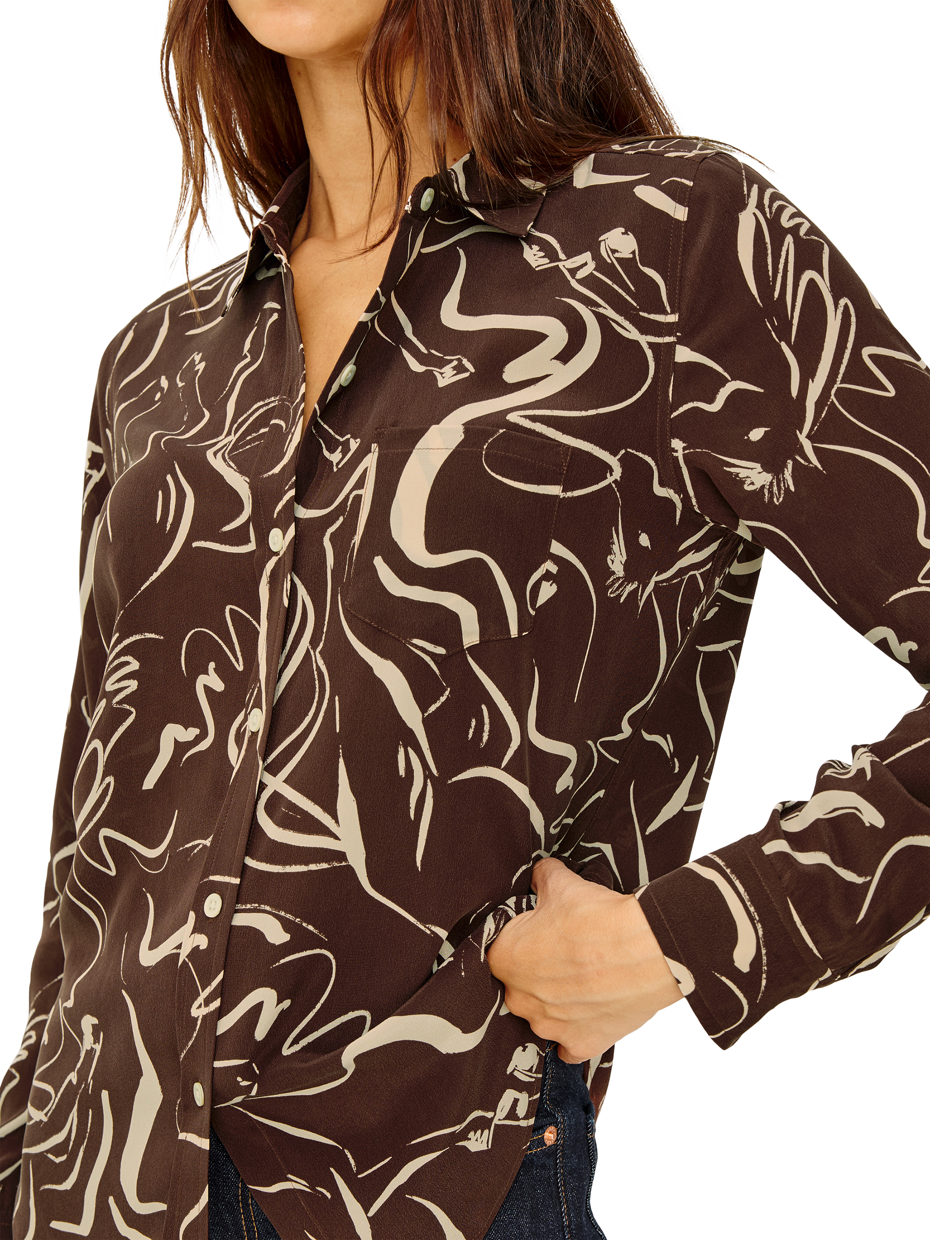 Product image 2 of 5, which shows Rails Kate Abstract Pure Silk Shirt, Brown/White, XS