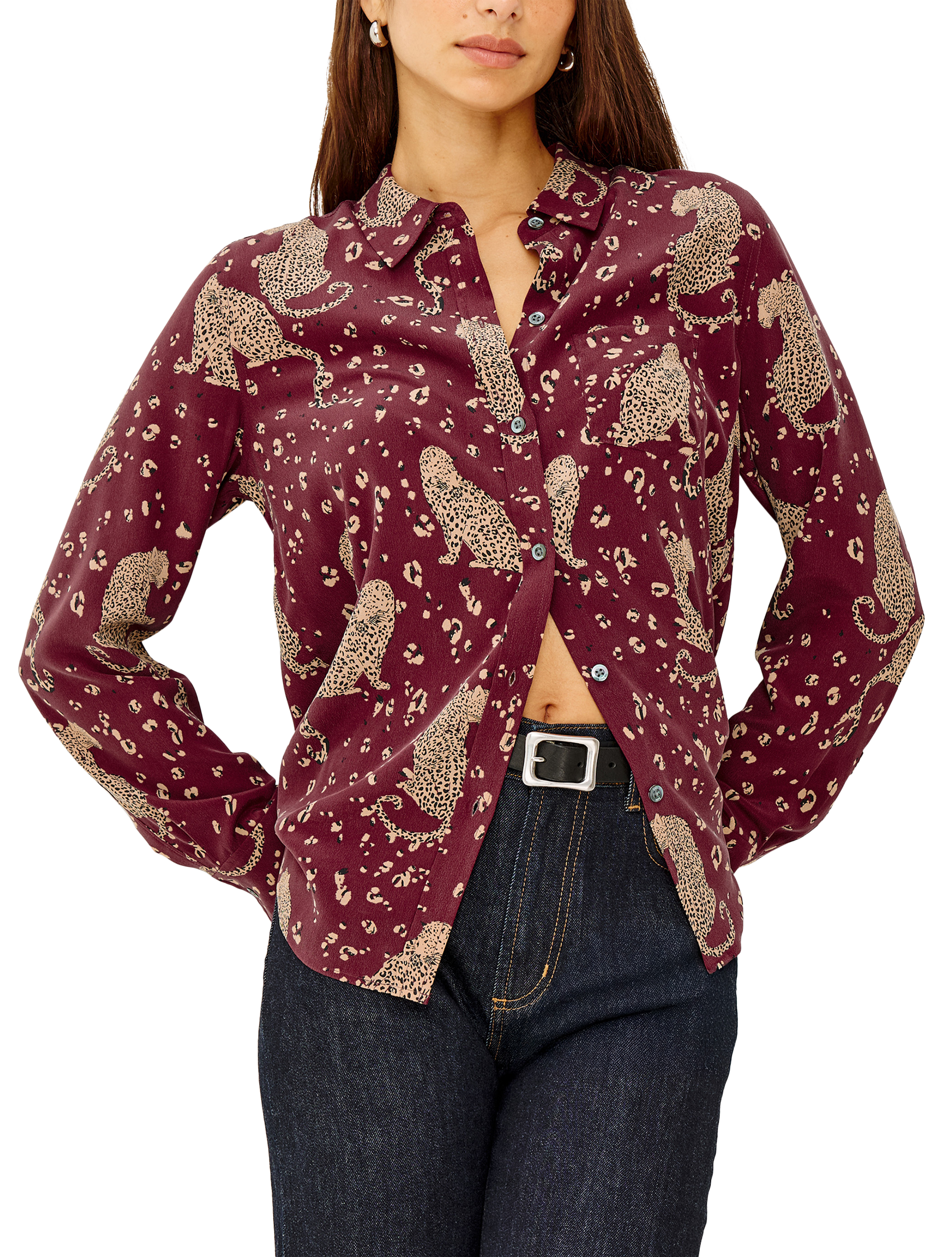 Product image 1 of 7, which shows Rails Kate Leopards Pure Silk Shirt, Red/Brown, XS