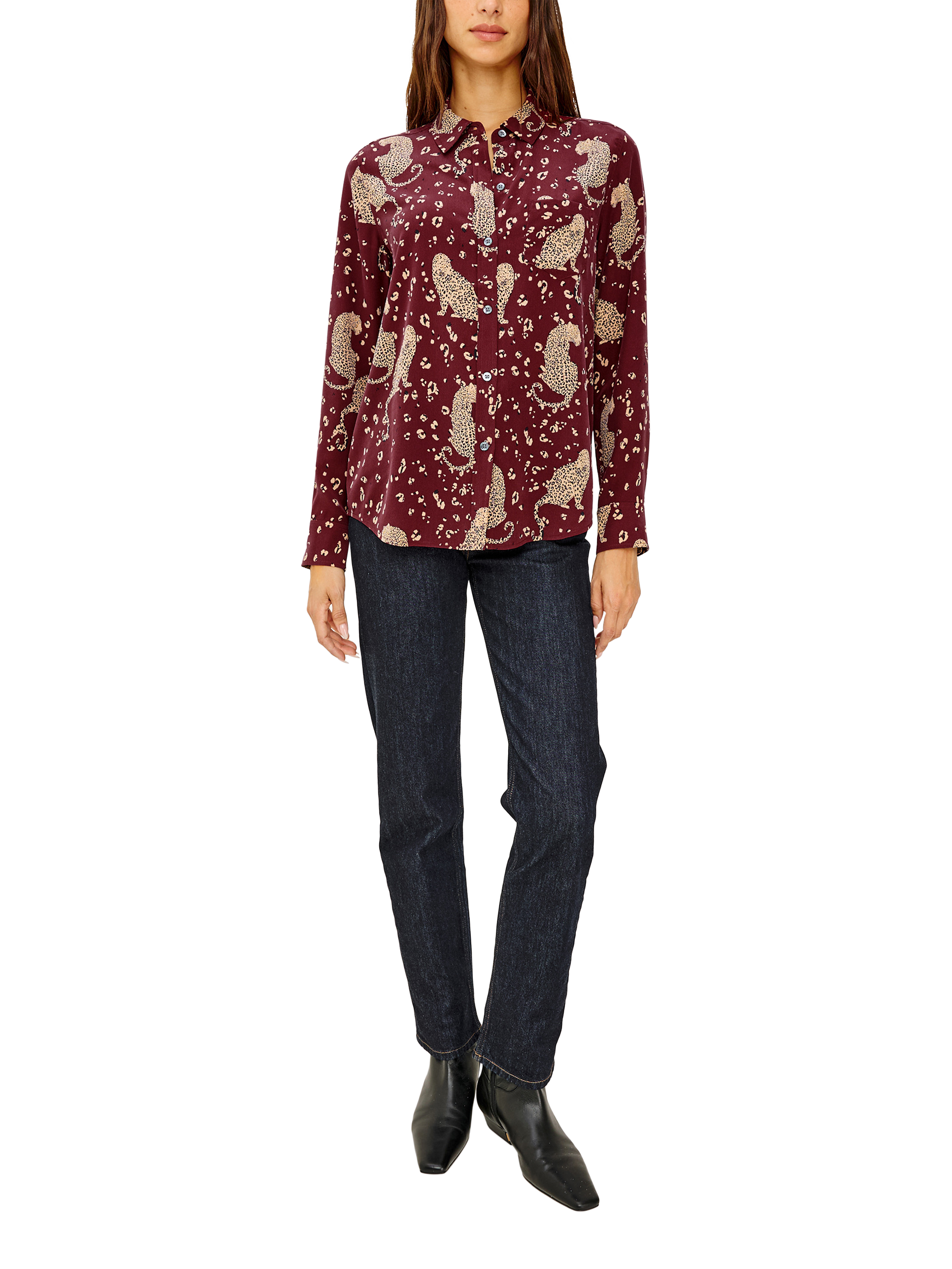 Product image 2 of 7, which shows Rails Kate Leopards Pure Silk Shirt, Red/Brown, XS