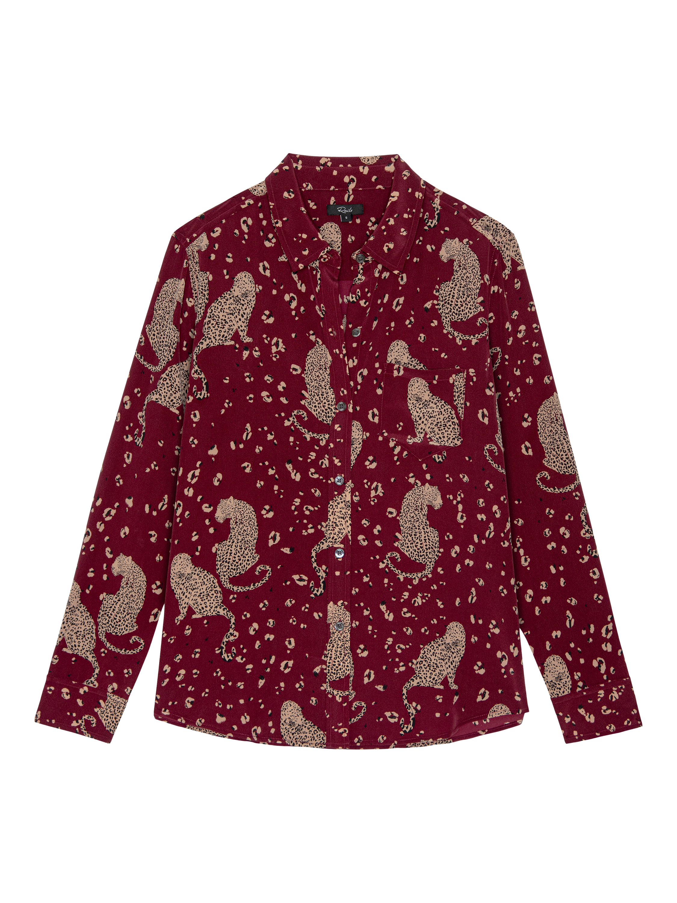 Product image 4 of 7, which shows Rails Kate Leopards Pure Silk Shirt, Red/Brown, XS