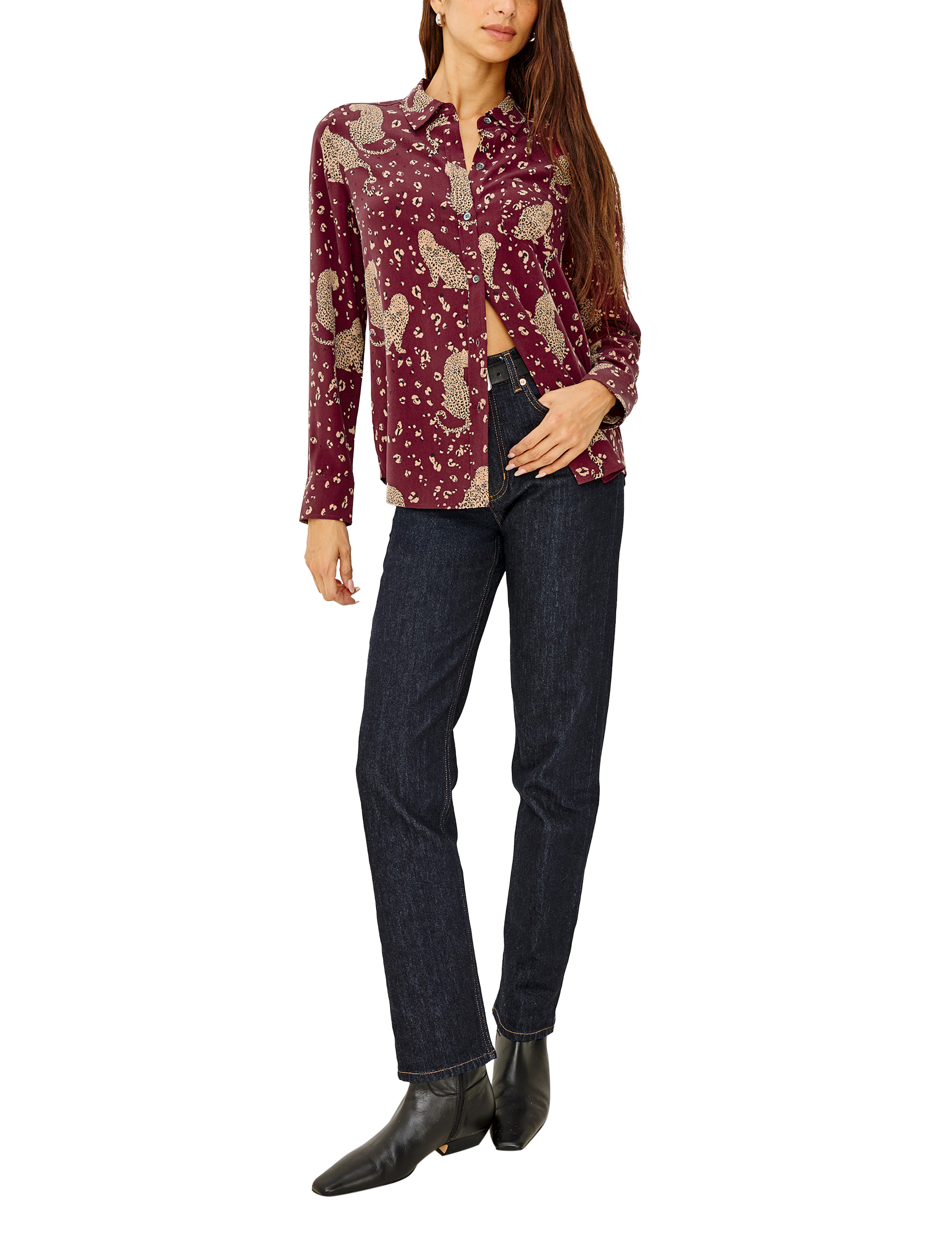 Product image 5 of 7, which shows Rails Kate Leopards Pure Silk Shirt, Red/Brown, XS