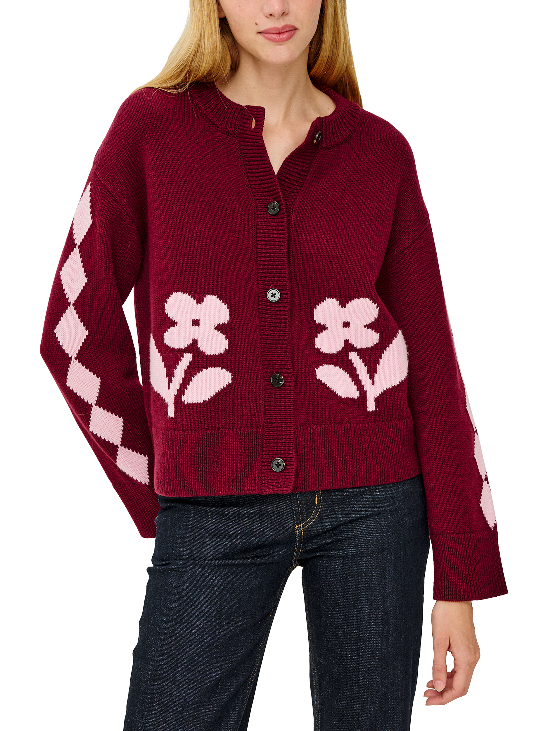 Product image 1 of 7, which shows Rails Mavie Floral Cardigan, Red/Pink, S