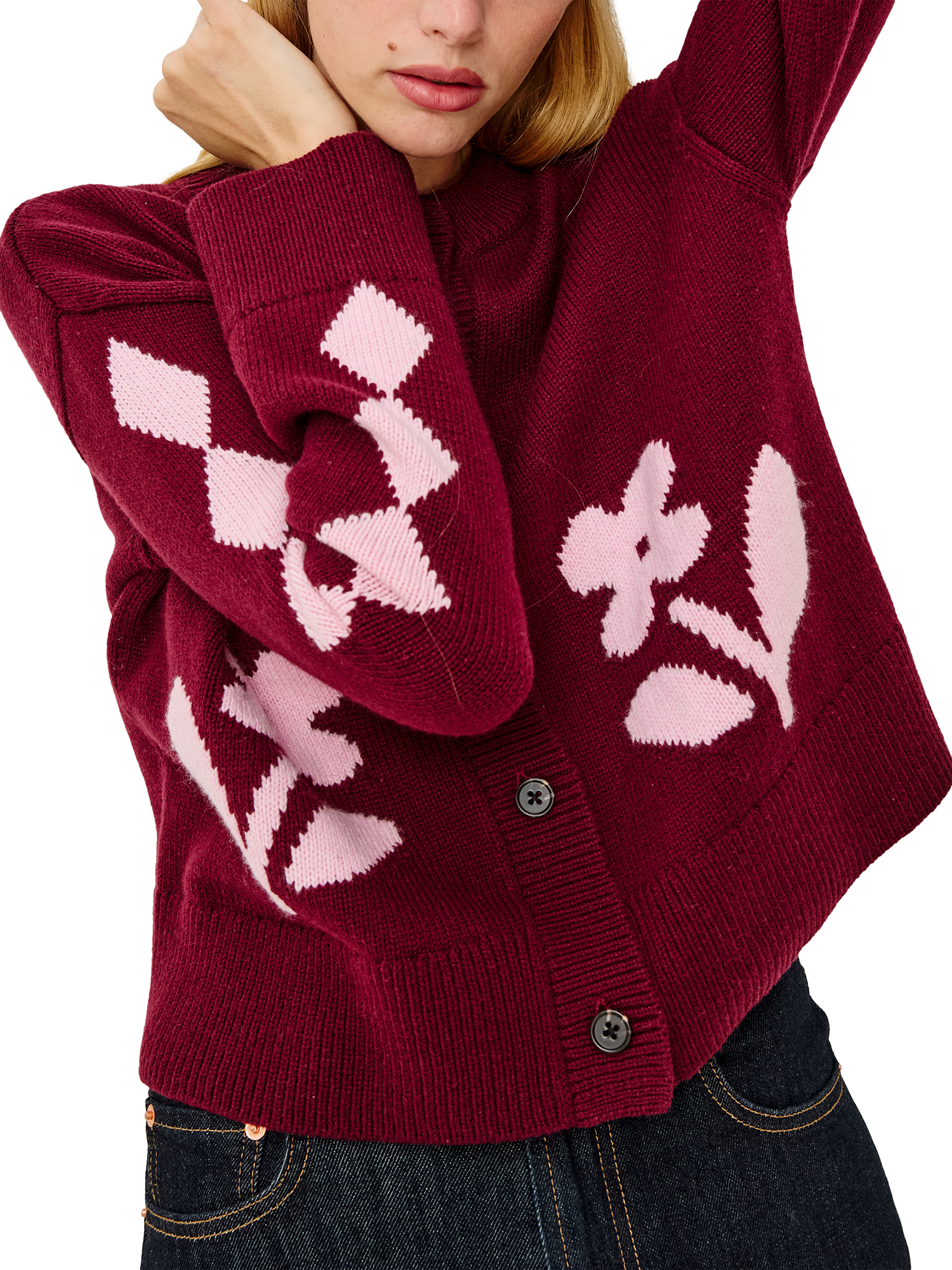 Product image 5 of 7, which shows Rails Mavie Floral Cardigan, Red/Pink, S