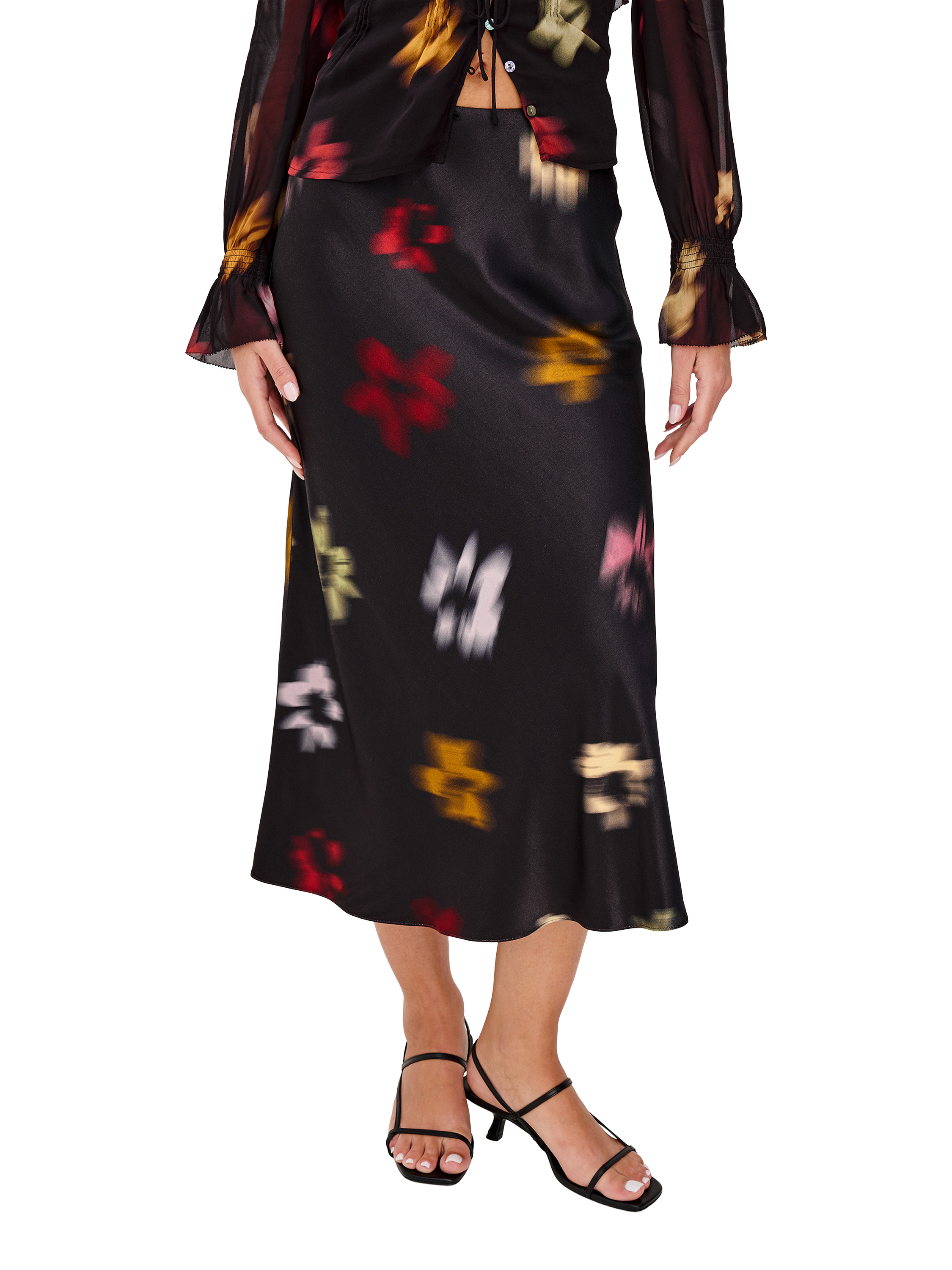 Product image 1 of 4, which shows Rails Anya Blurred Floral Midi Skirt, Black/Multi, S