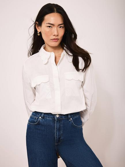 Mint Velvet Scallop Detail Cotton Shirt, White, White Ivory