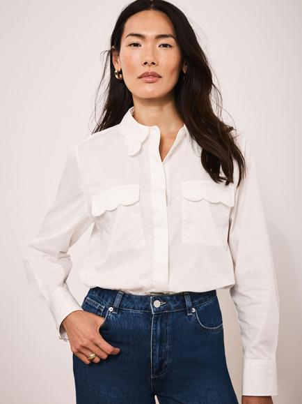 Mint Velvet Scallop Detail Cotton Shirt, White - view 2, White Ivory