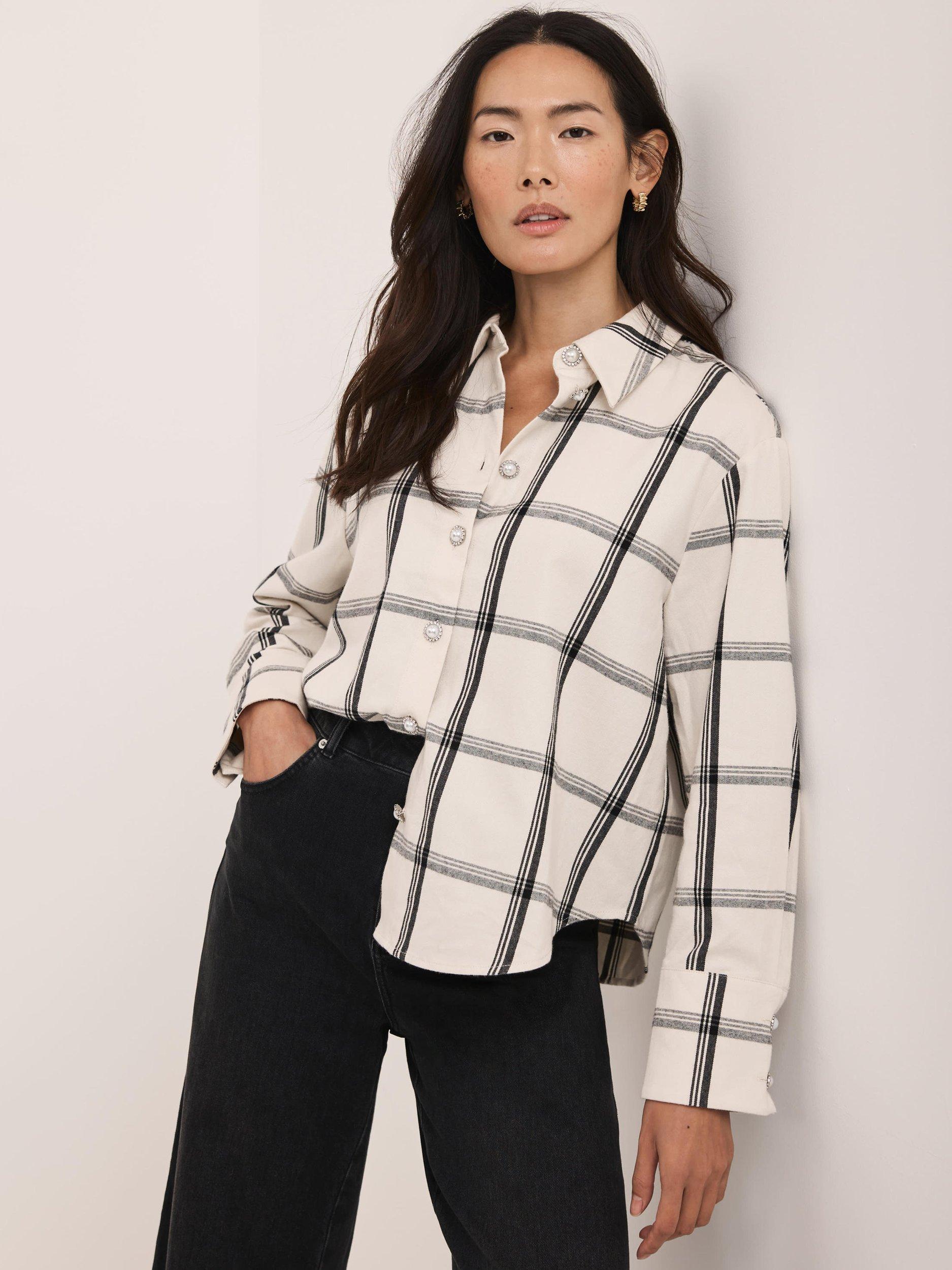 BELVET Cropped checkered shirt ホワイト　M Mint Velvet Diamante Button Check Shirt, Natural Cream