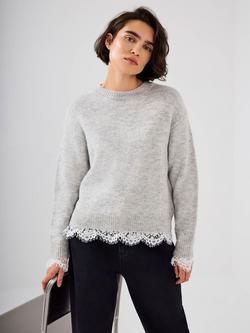 Mint Velvet Lace Trim Wool Blend Jumper, Grey, Grey