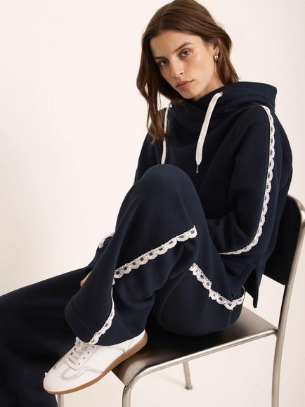 Mint Velvet Crochet Trim Hoodie, Blue Navy - view 2, Blue Navy