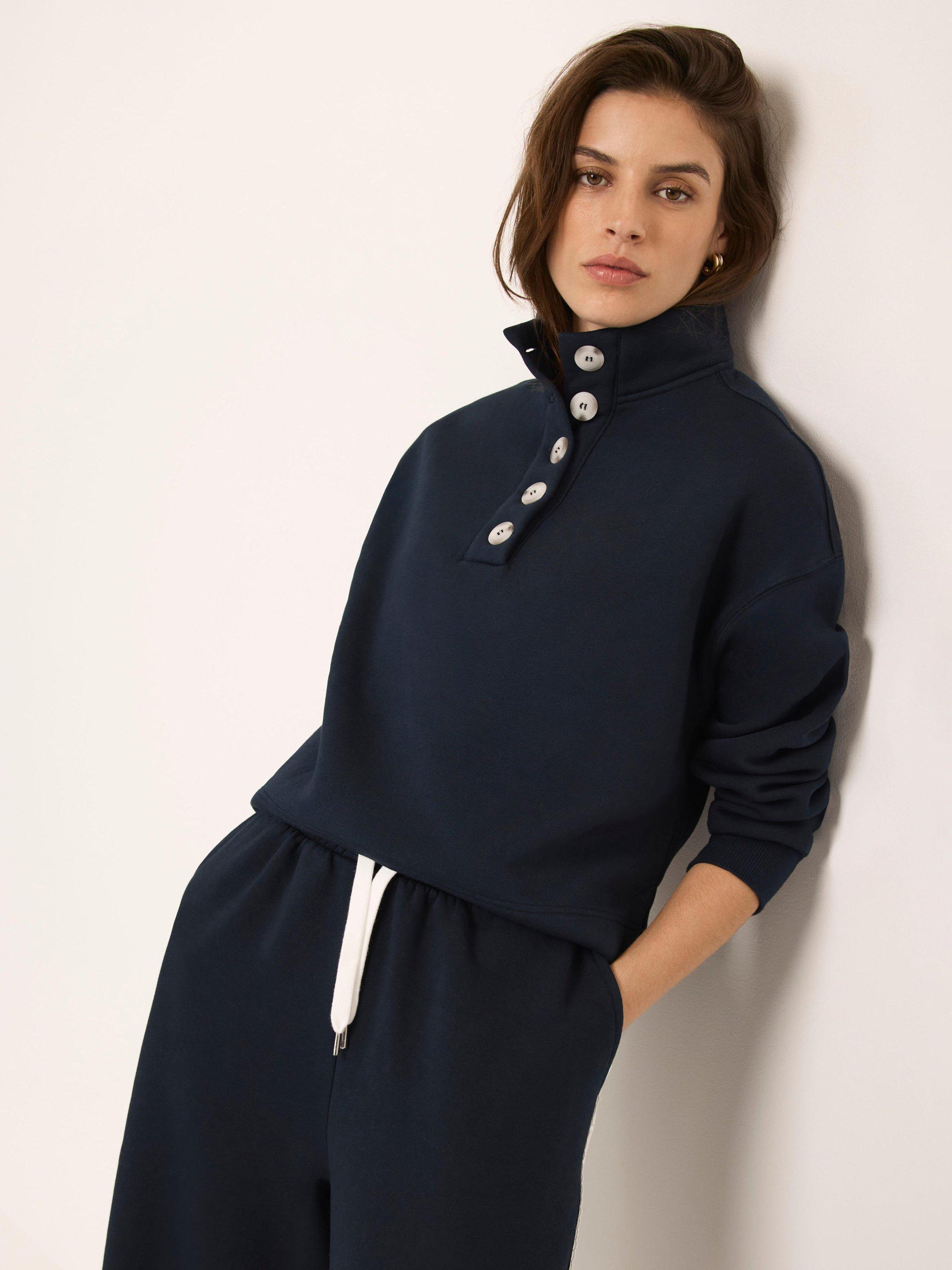 Product image 1 of 8, which shows Mint Velvet High Neck Button Detail Sweatshirt, Blue Navy, XS