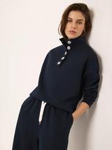 Mint Velvet High Neck Button Detail Sweatshirt, Blue Navy