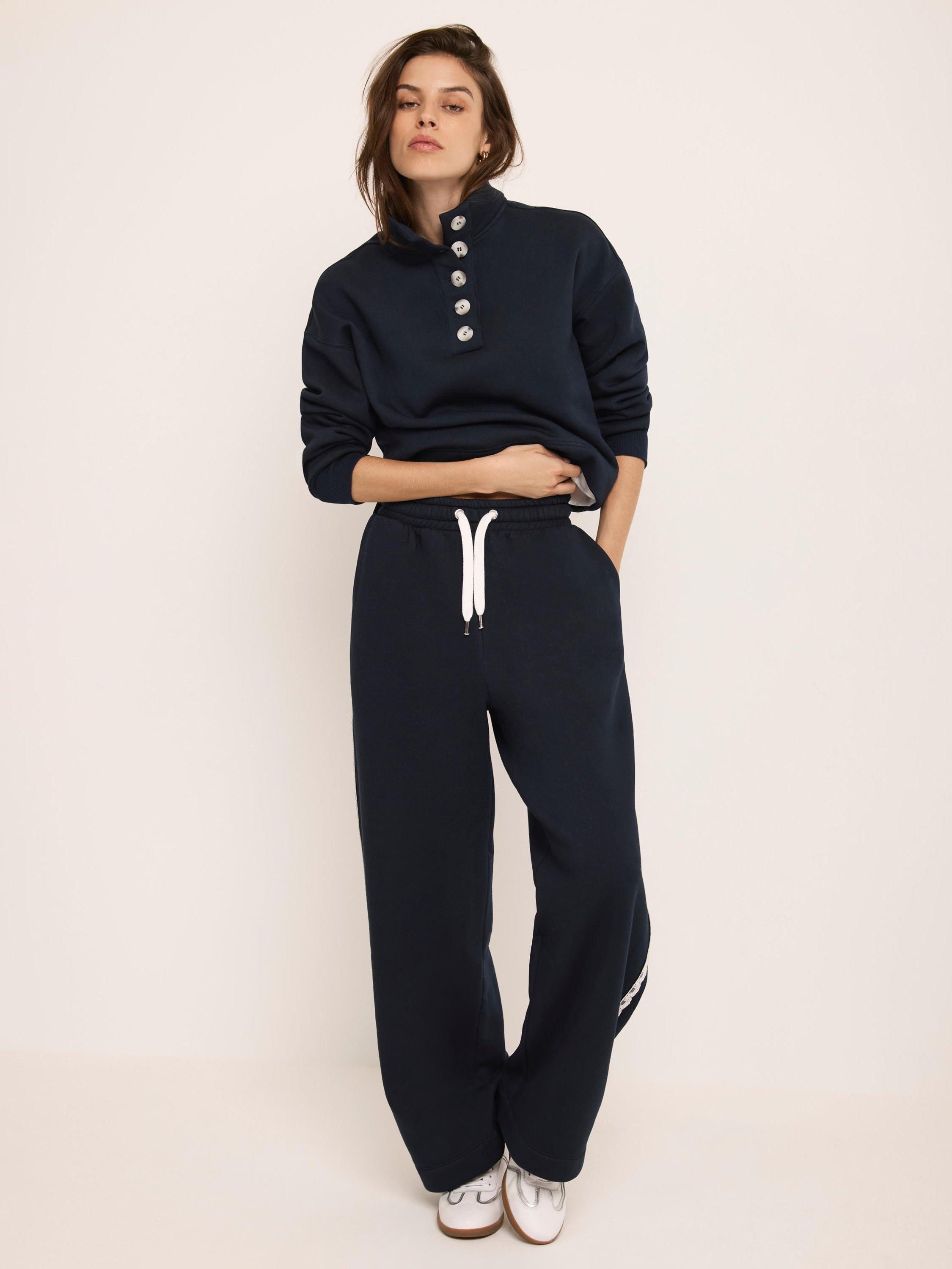 Product image 2 of 8, which shows Mint Velvet High Neck Button Detail Sweatshirt, Blue Navy, XS