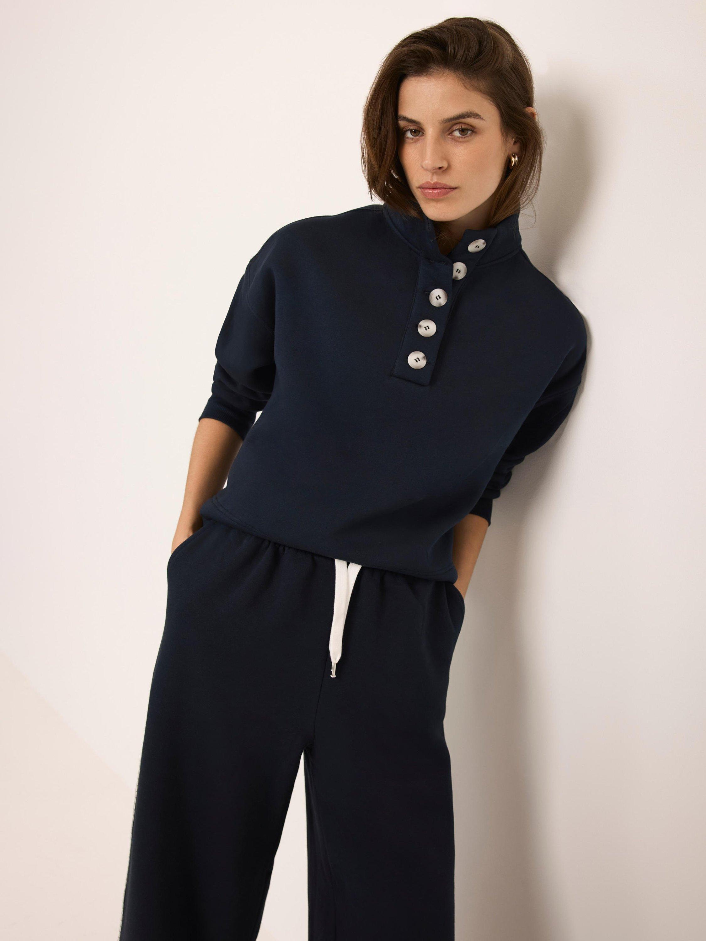 Product image 3 of 8, which shows Mint Velvet High Neck Button Detail Sweatshirt, Blue Navy, XS