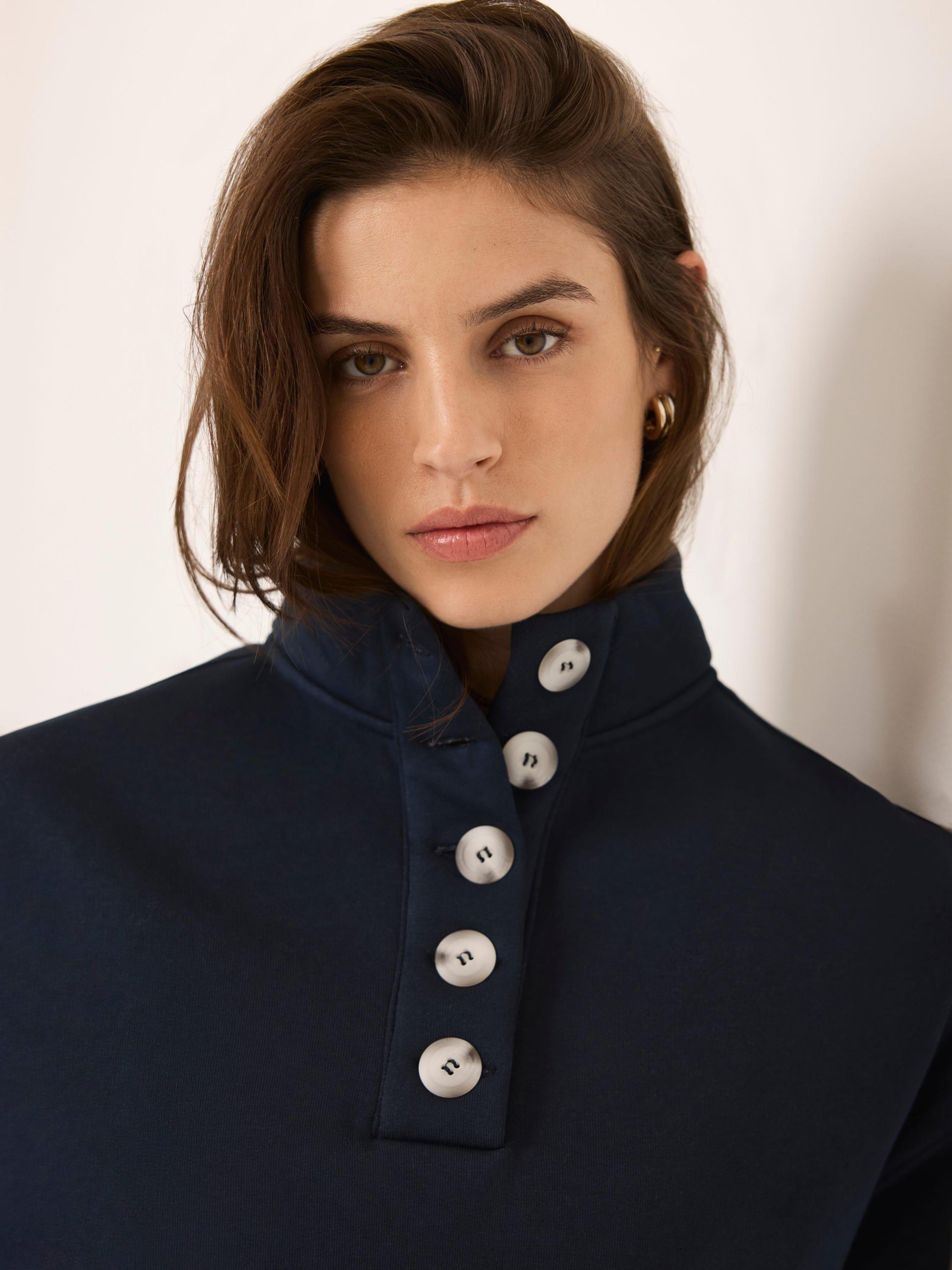 Product image 4 of 8, which shows Mint Velvet High Neck Button Detail Sweatshirt, Blue Navy, XS