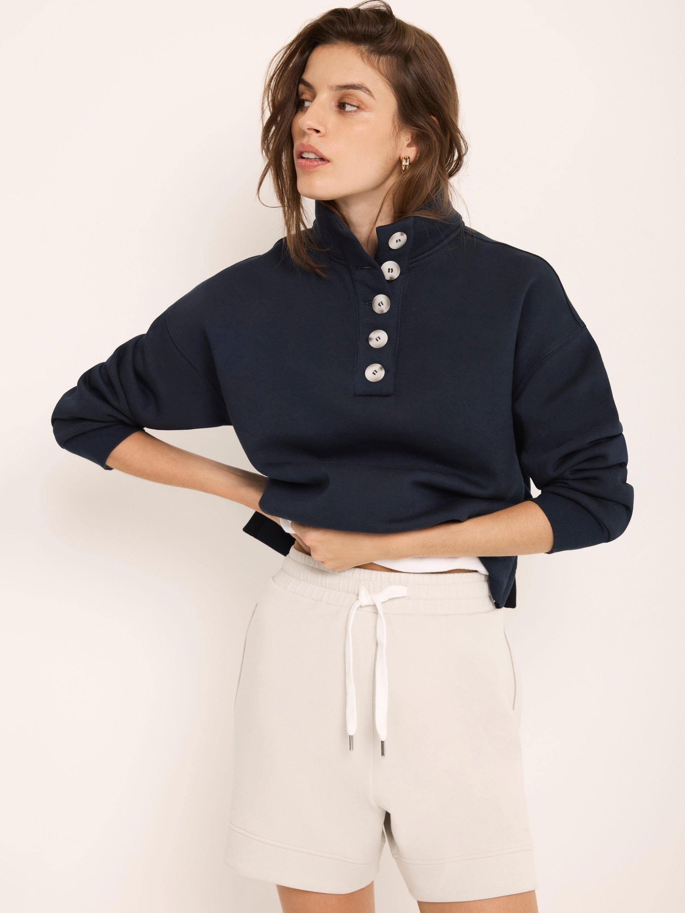Product image 6 of 8, which shows Mint Velvet High Neck Button Detail Sweatshirt, Blue Navy, XS