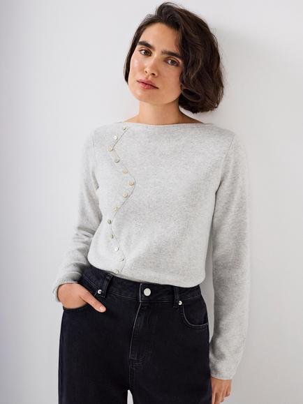 Mint Velvet Wave Button Detail Knit Top, Grey, Grey