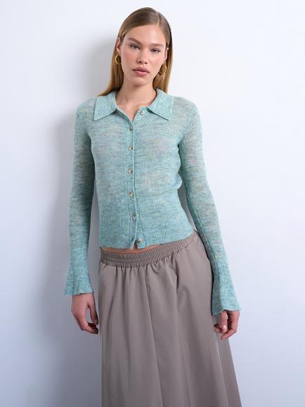 Topshop Sheer Knit Fluted Sleeve Cardigan, Green, Green