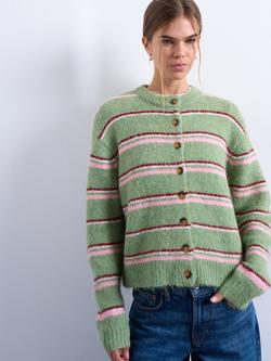 Topshop Stripe Crew Neck Cardigan, Green/Pink, Green/Pink