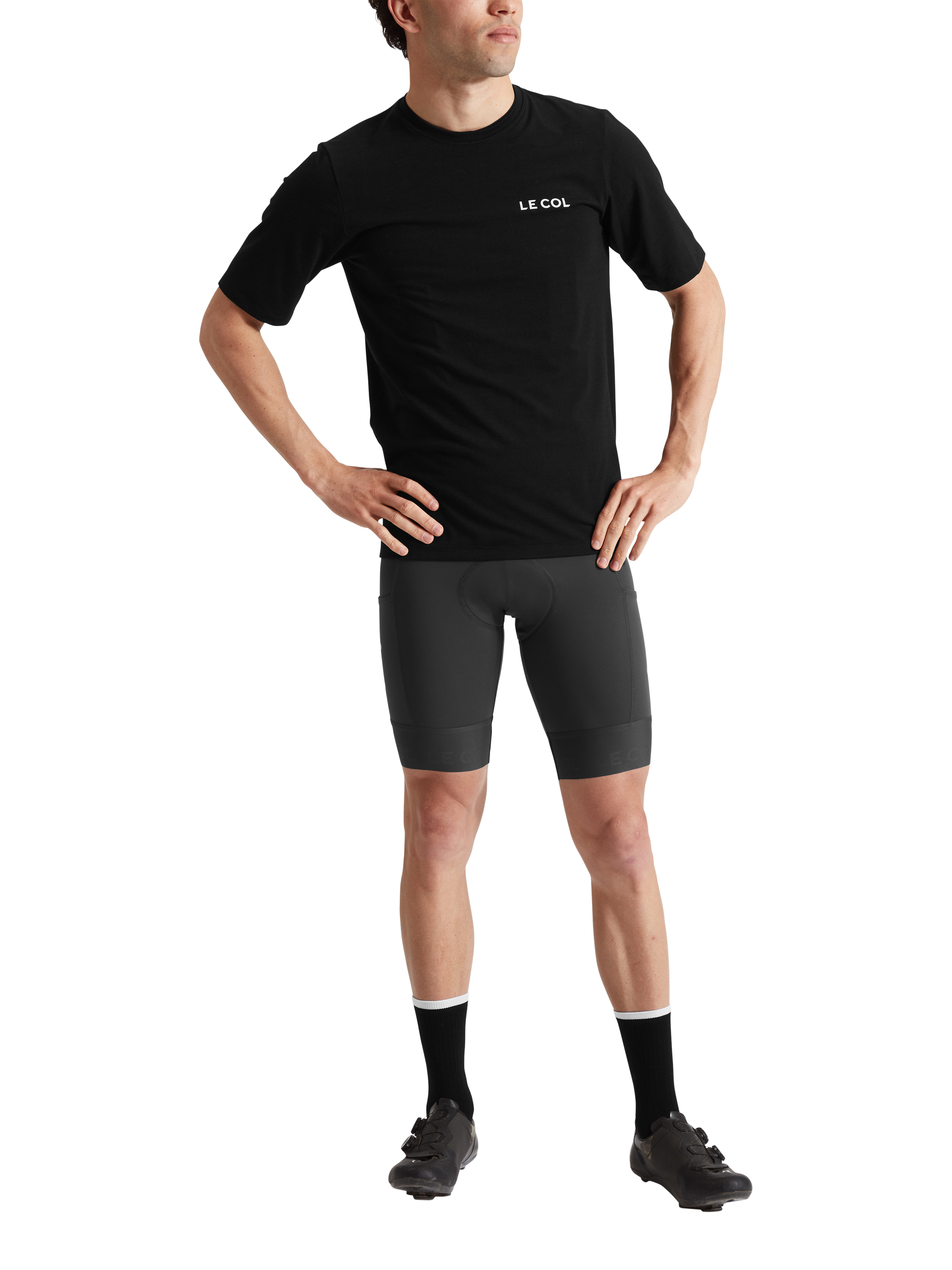 Product image 1 of 4, which shows Le Col Men's ARC Merino T-Shirt, Black, XS