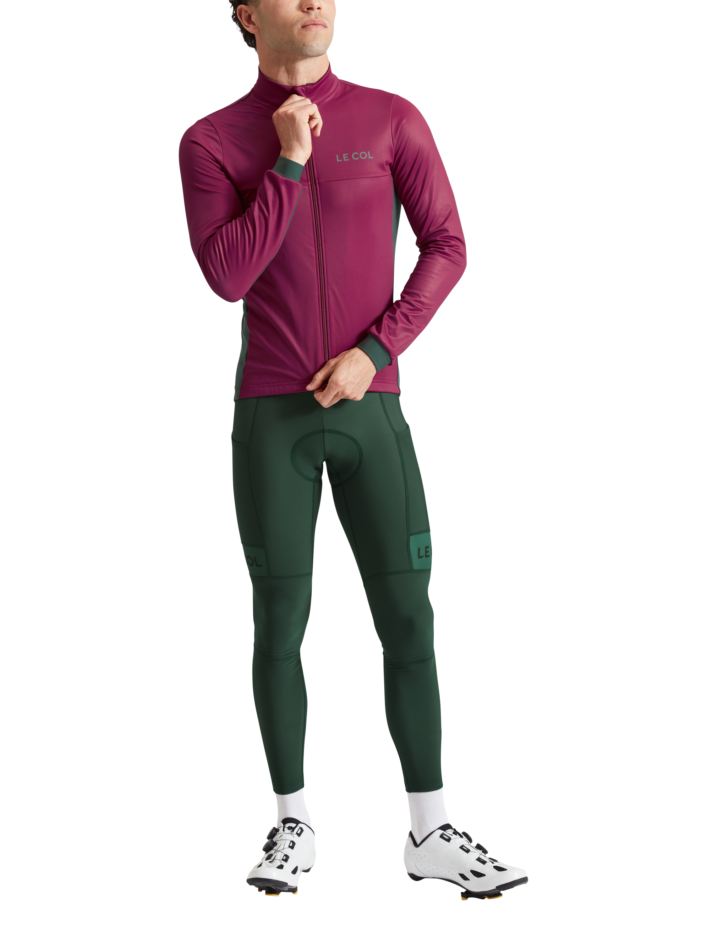 Product image 1 of 4, which shows Le Col Sport Jacket, Grape/Forest Green, XS