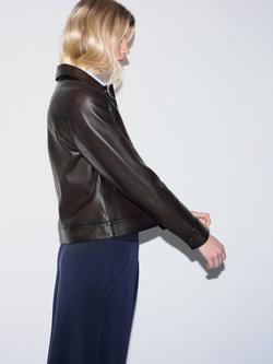 Jigsaw Cropped Pure Nappa Leather Jacket, Dark Brown - view 2, Dark Brown