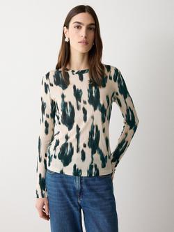 Jigsaw Ikat Print Long Sleeve Jersey Top, Cream/Green, Cream/Green