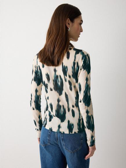 Jigsaw Ikat Print Long Sleeve Jersey Top, Cream/Green - view 2, Cream/Green