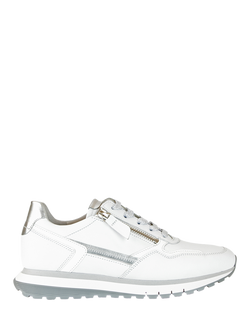 Gabor Hollywell Wide Fit Leather Lace Up Trainers, White/Silver, White/Silver