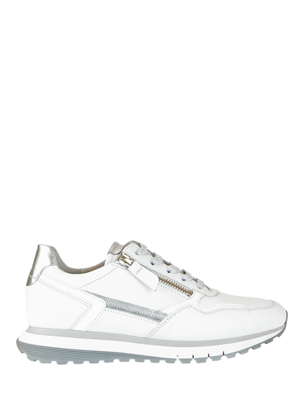 Gabor Hollywell Wide Fit Leather Lace Up Trainers, White/Silver, White/Silver