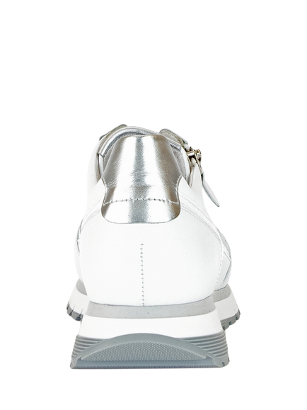 Gabor Hollywell Wide Fit Leather Lace Up Trainers, White/Silver - view 2, White/Silver