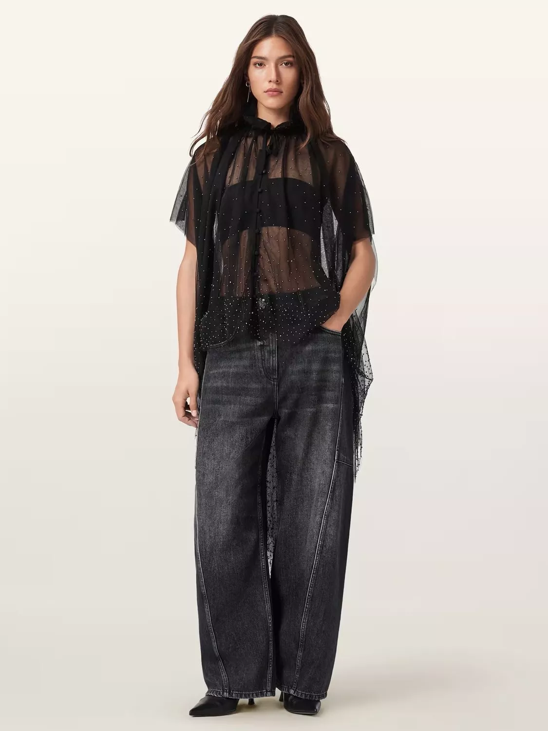 (取寄) オールセインツ レディース エンブ チュール ケープ AllSaints women Sez Emb Tulle Cape Black AllSaints Sez Embellished Tulle Cape, Black