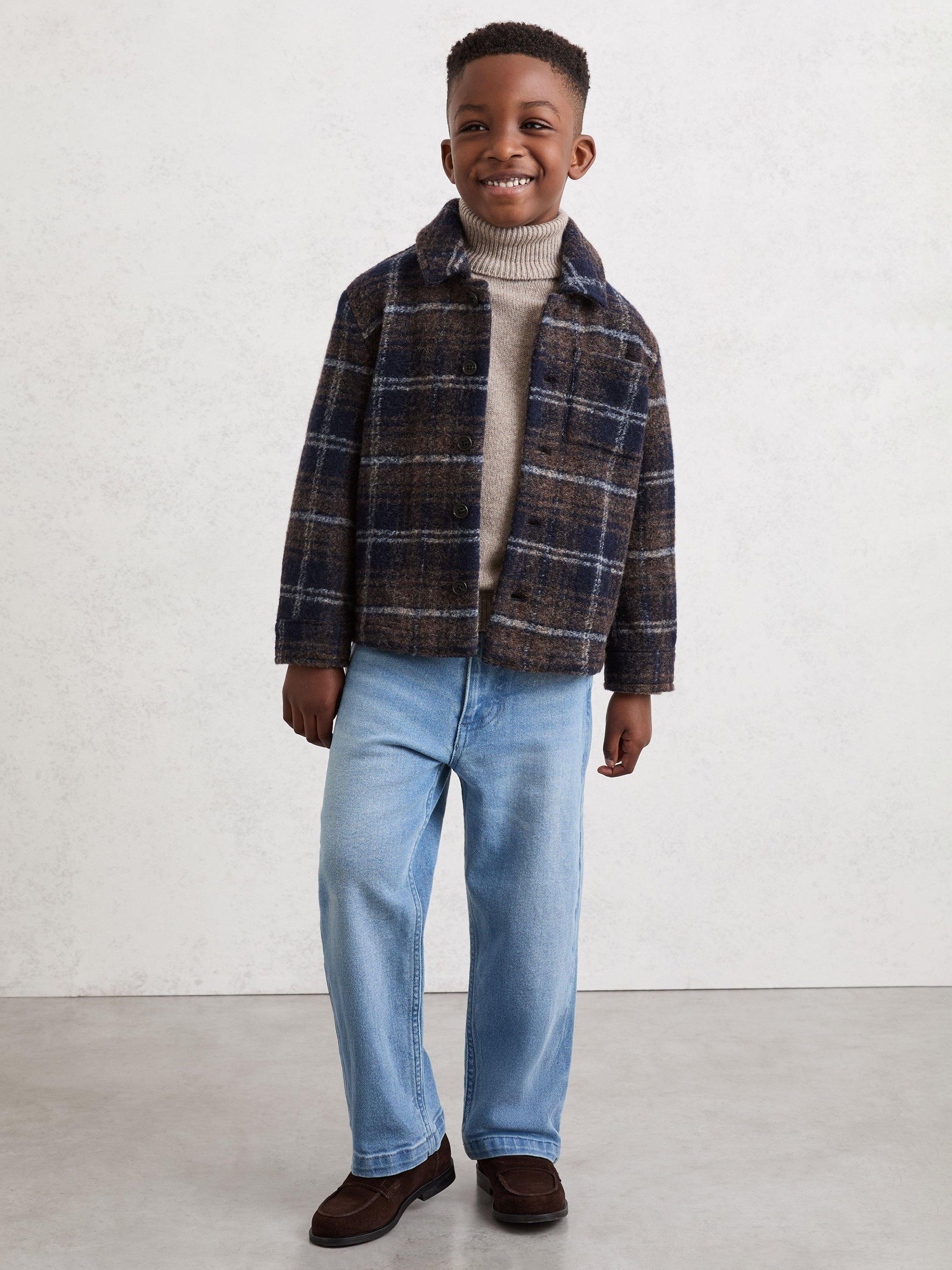 Product image 1 of 5, which shows Reiss Kids' Sam Button Up Check Wool Blend Overshirt, Navy/Blue/Brown, 3-4 years