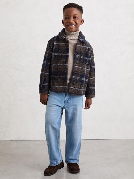 Reiss Kids' Sam Button Up Check Wool Blend Overshirt, Navy/Blue/Brown, Navy/Blue/Brown