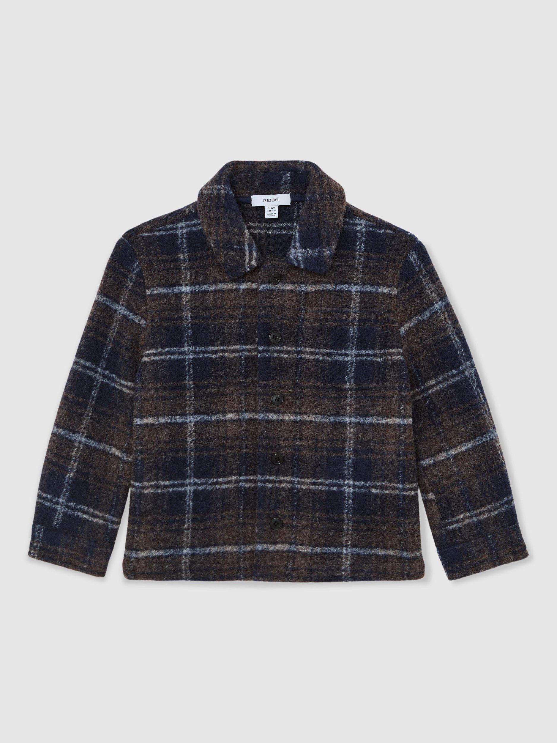 Product image 3 of 5, which shows Reiss Kids' Sam Button Up Check Wool Blend Overshirt, Navy/Blue/Brown, 3-4 years