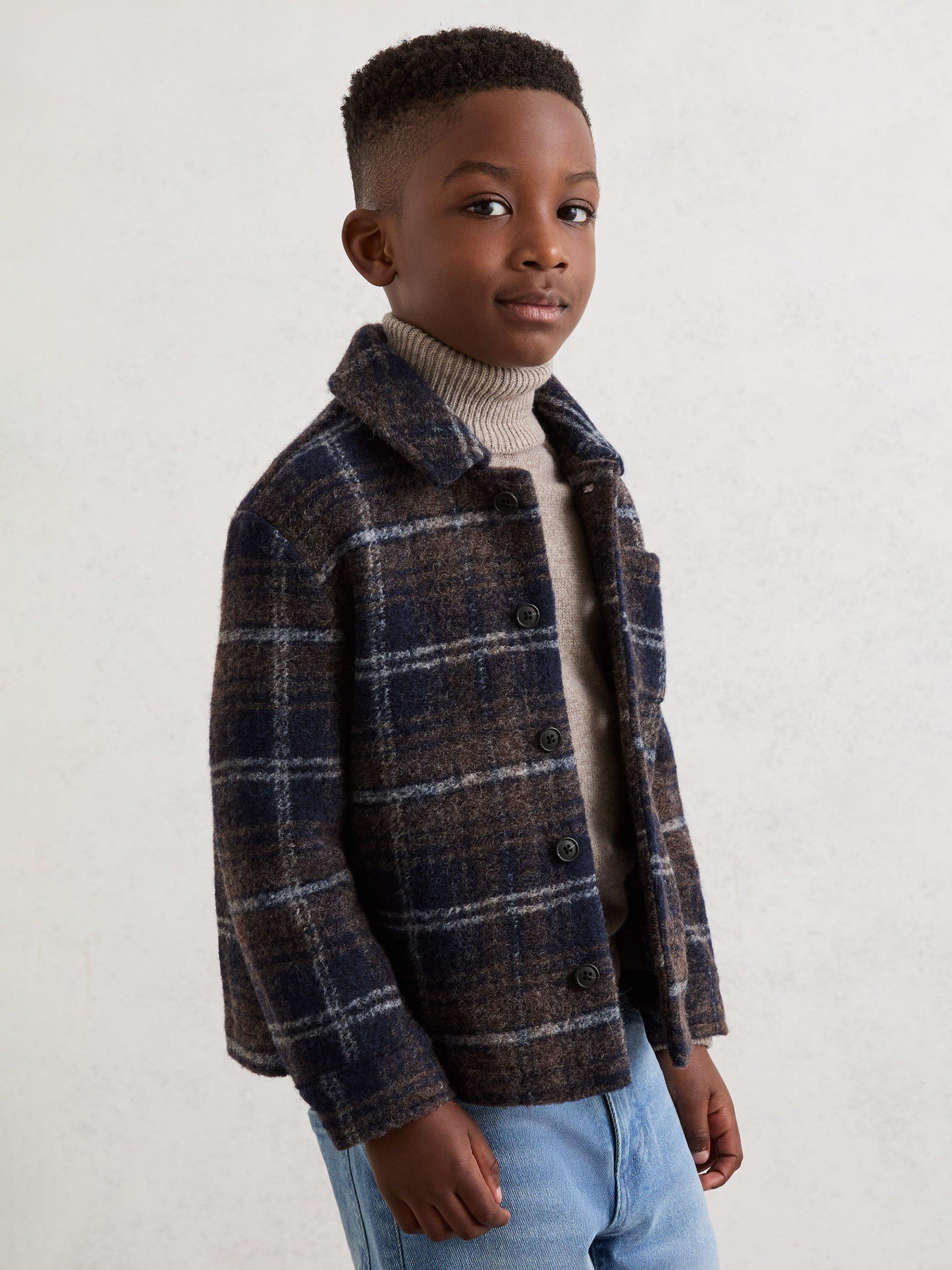Product image 4 of 5, which shows Reiss Kids' Sam Button Up Check Wool Blend Overshirt, Navy/Blue/Brown, 3-4 years