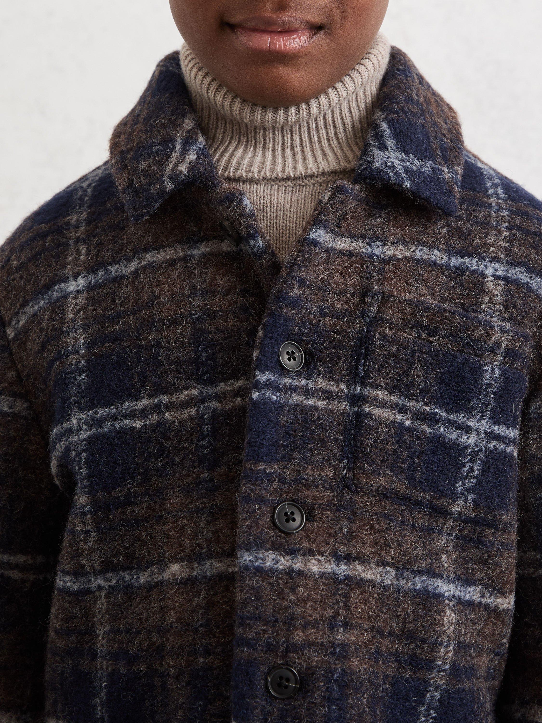 Product image 5 of 5, which shows Reiss Kids' Sam Button Up Check Wool Blend Overshirt, Navy/Blue/Brown, 3-4 years