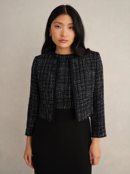 Hobbs Esme Tweed Cropped Jacket, Black/White, Black/White