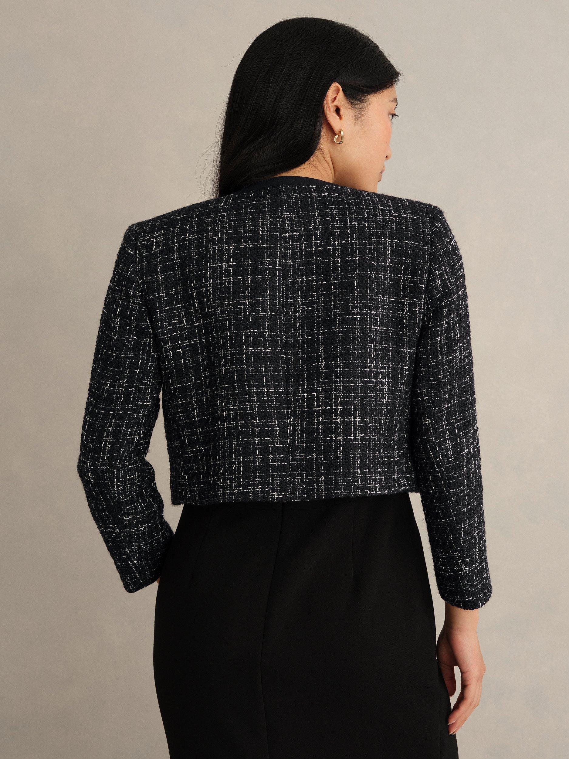 Product image 2 of 7, which shows Hobbs Esme Tweed Cropped Jacket, Black/White, 10