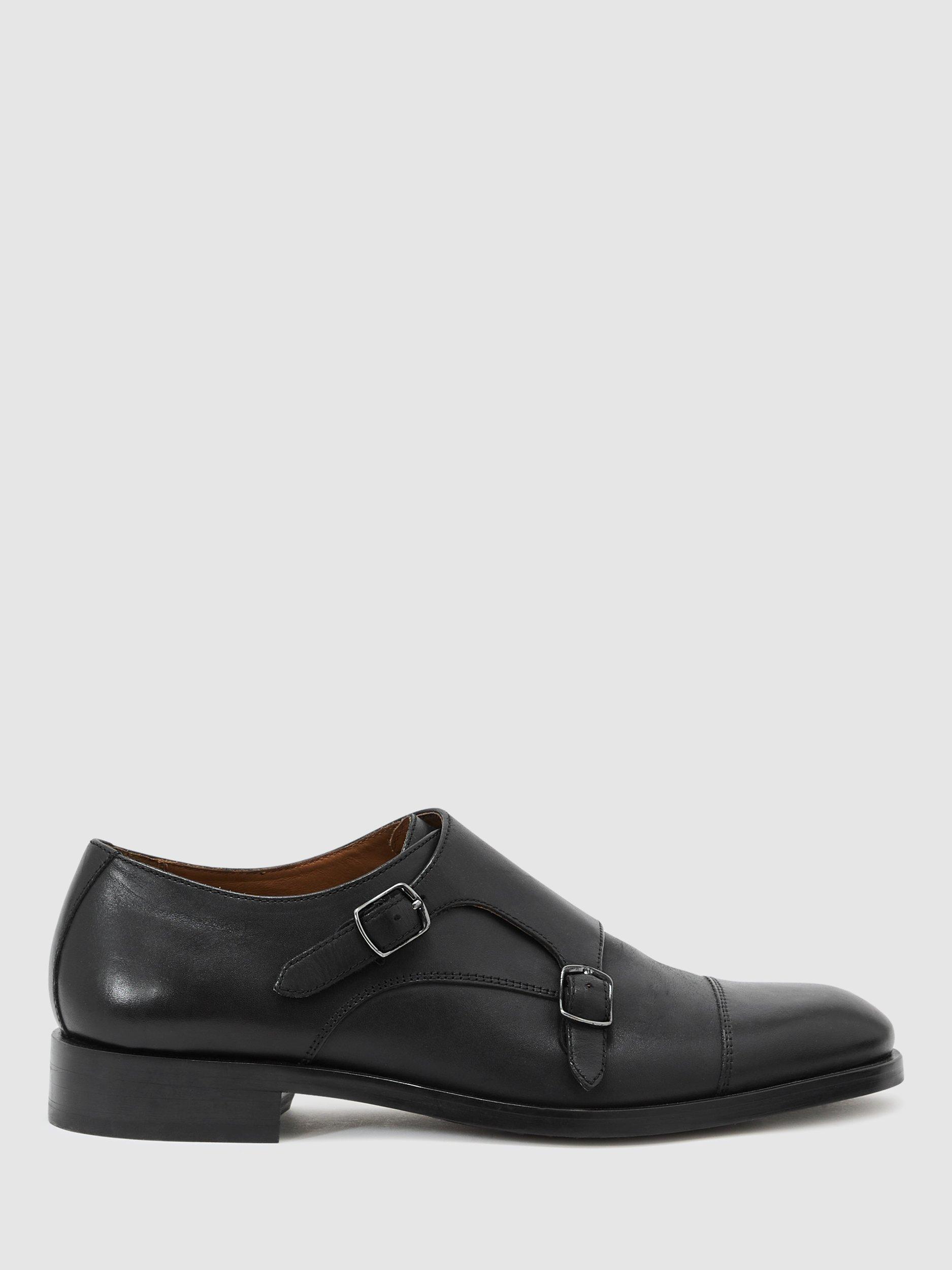 Product image 1 of 5, which shows Reiss Amalfi Leather Double Monk Strap Shoes, Black, 7