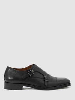 Reiss Amalfi Leather Double Monk Strap Shoes, Black