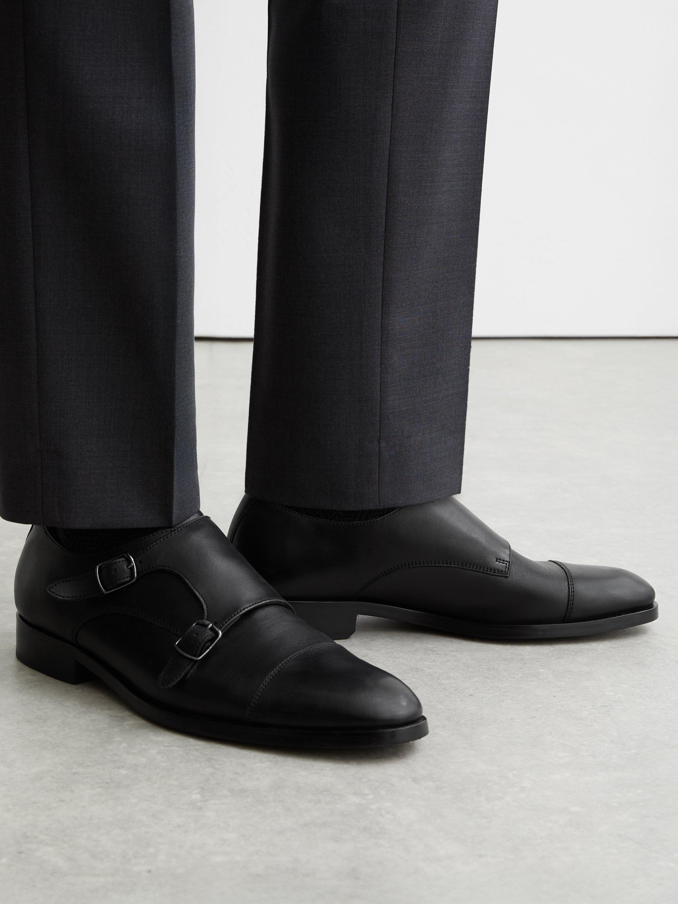 Product image 5 of 5, which shows Reiss Amalfi Leather Double Monk Strap Shoes, Black, 7