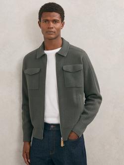 Reiss Calder Boiled Wool Twin Pocket Cardigan, Khaki Green