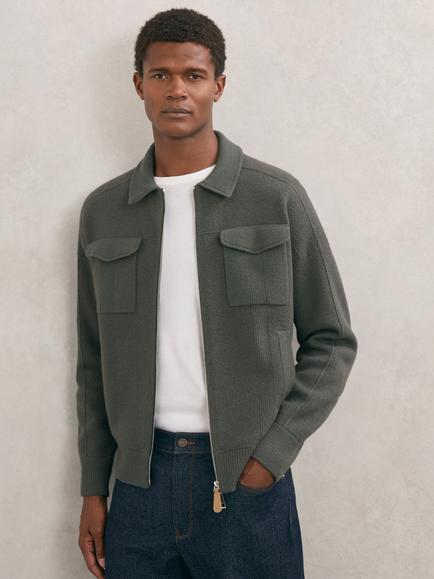 Reiss Calder Boiled Wool Twin Pocket Cardigan, Khaki Green