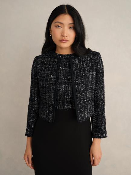 Hobbs Esme Petite Tweed Cropped Jacket, Black/White, Black/White